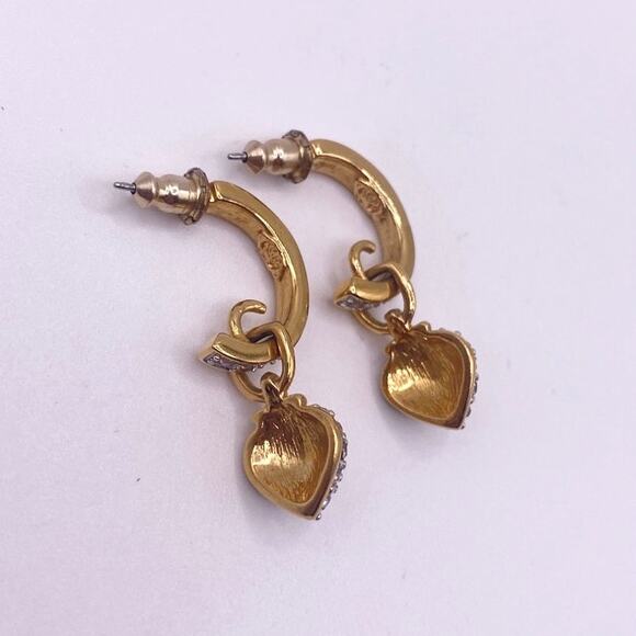 Vintage Gold Plated Two Tone Pave Rhinestones Heart Drop Half Hoop Studs - Picture 4 of 6